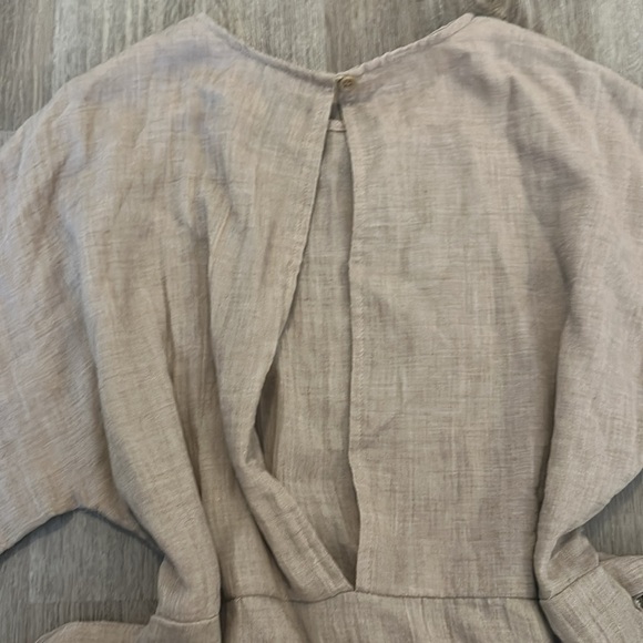 Linen light brown 3/4 sleeve ruffle mini dress - Picture 4 of 5